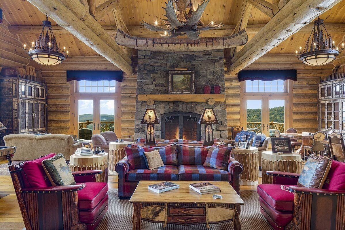 Chandelier, Fireplace, Interior, Living room, Stone Walls, Wooden Beams, Wooden Ceilings, Wood Texture Flooring, Wooden Walls