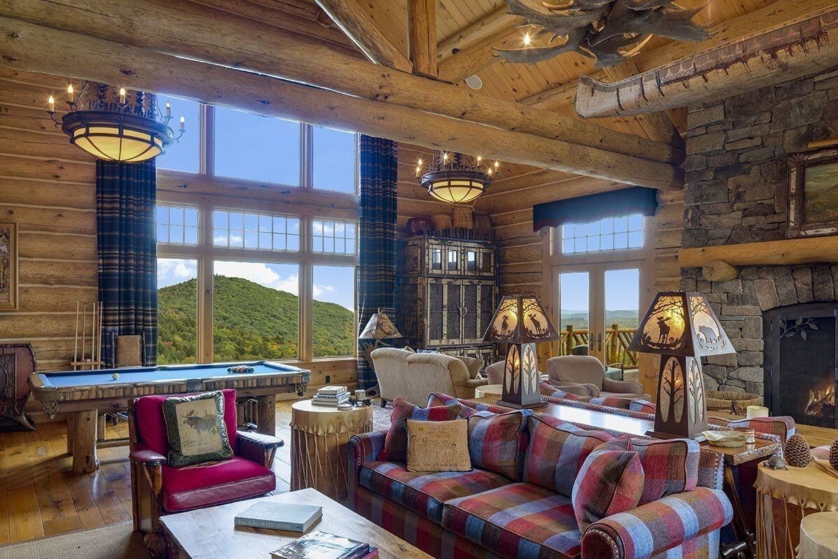 Billiard Table, Chandelier, Fireplace, Game Room, Interior, Living room, Stone Walls, Wooden Beams, Wooden Ceilings, Wood Texture Flooring, Wooden Walls