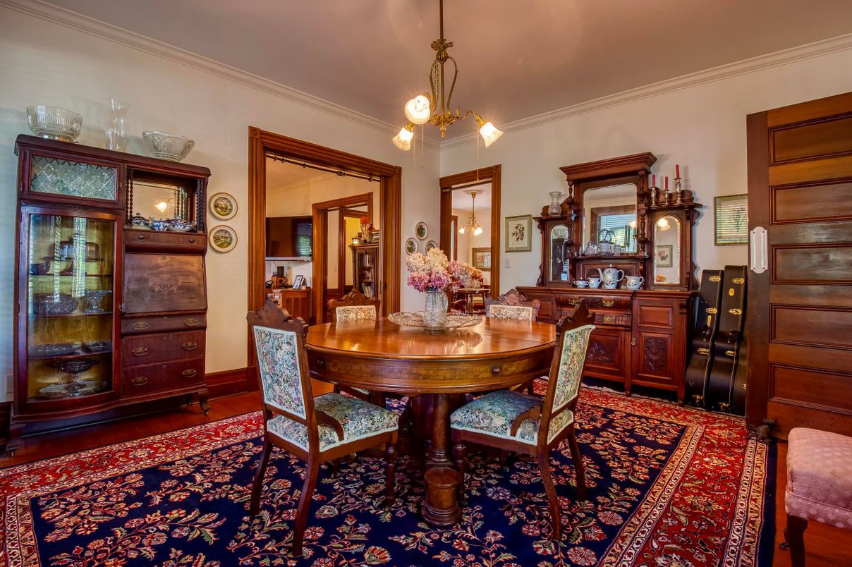 Dining room, Interior, Pendant Lights, Wood Texture Flooring