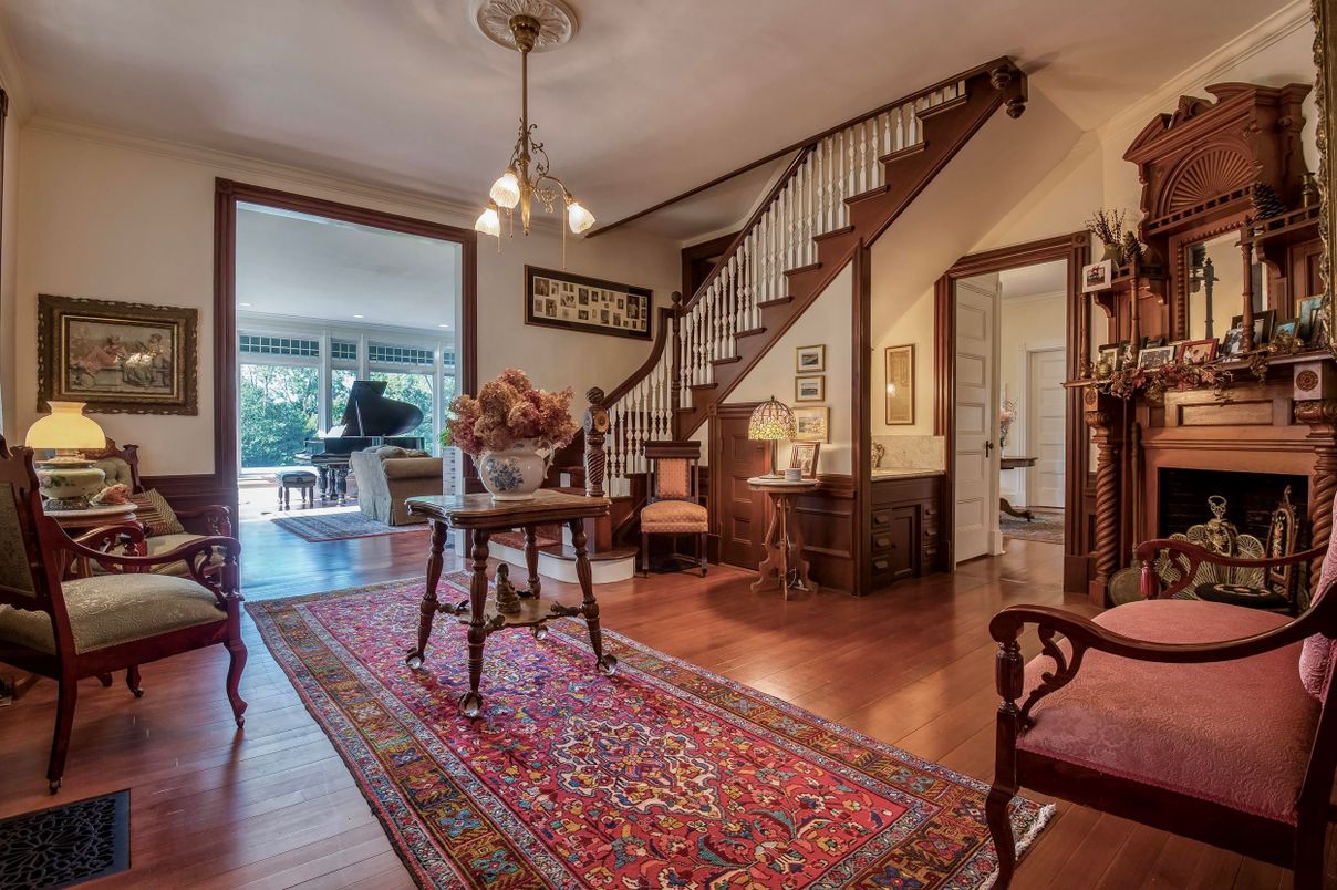 Fireplace, Interior, Pendant Lights, Piano, Wood Texture Flooring