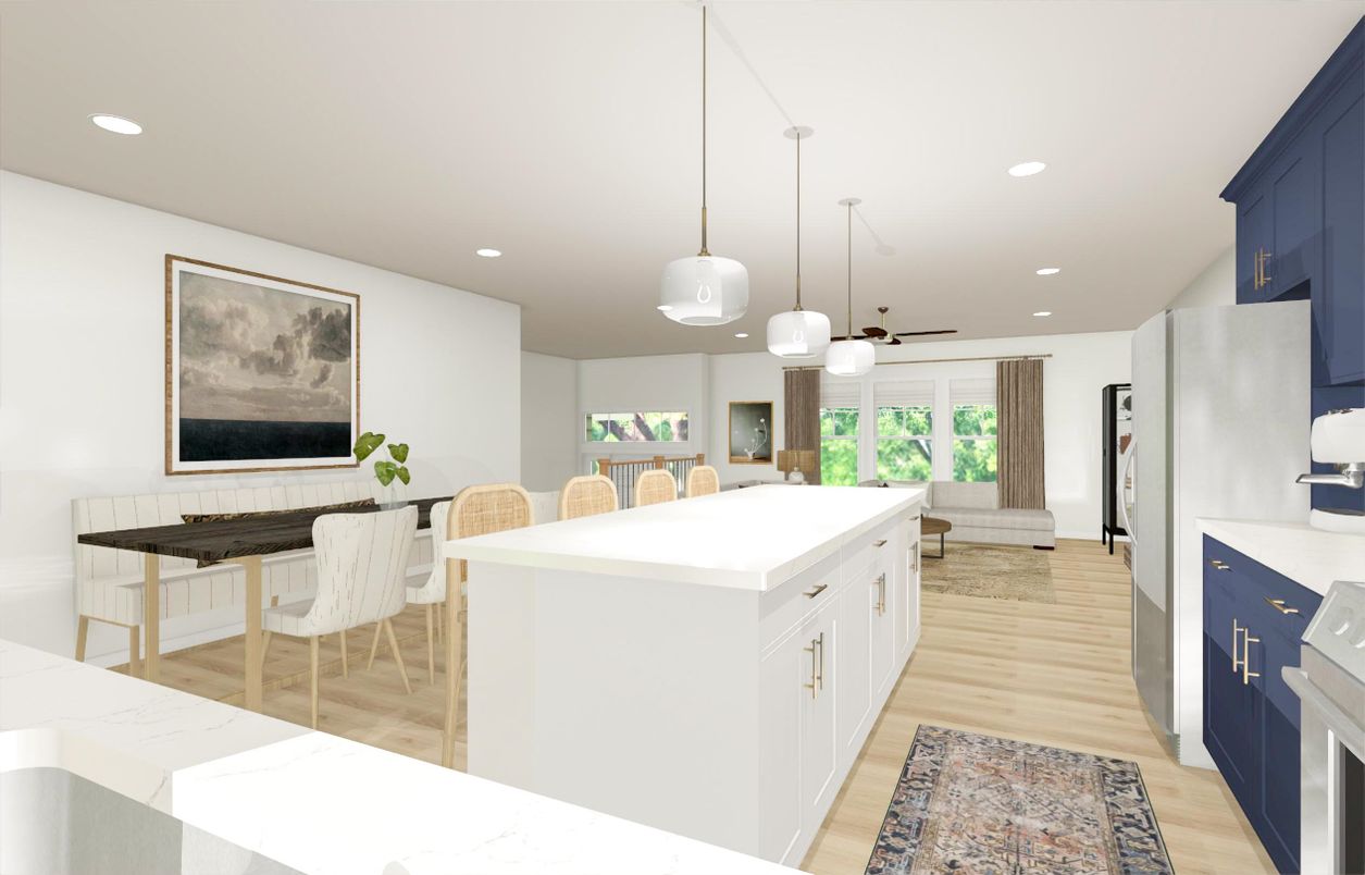 Dining room, Interior, Kitchen, Pendant Lights, Recessed Lighting, Wood Texture Flooring