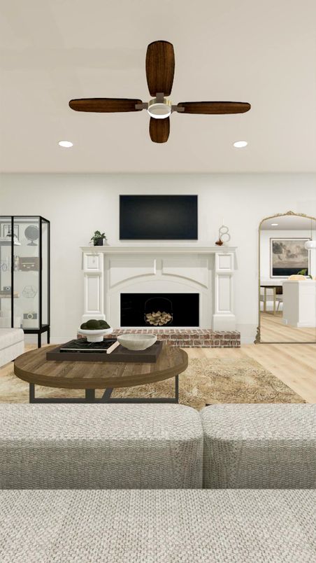 Fireplace, Interior, Living room, Recessed Lighting, Wood Texture Flooring