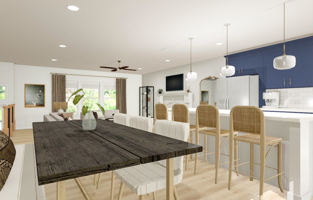 Dining room, Interior, Kitchen, Pendant Lights, Recessed Lighting, Wood Texture Flooring