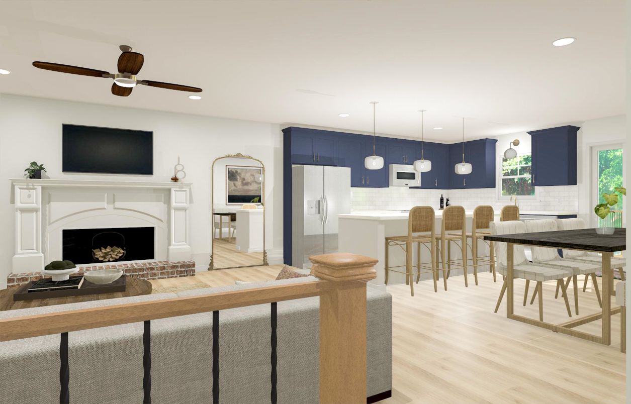 Dining room, Fireplace, Interior, Kitchen, Living room, Pendant Lights, Recessed Lighting, Wood Texture Flooring