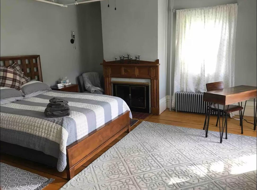Bedroom, Fireplace, Interior, Wood Texture Flooring