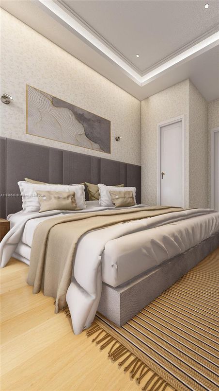 Bedroom, Interior, Recessed Lighting, Wood Texture Flooring