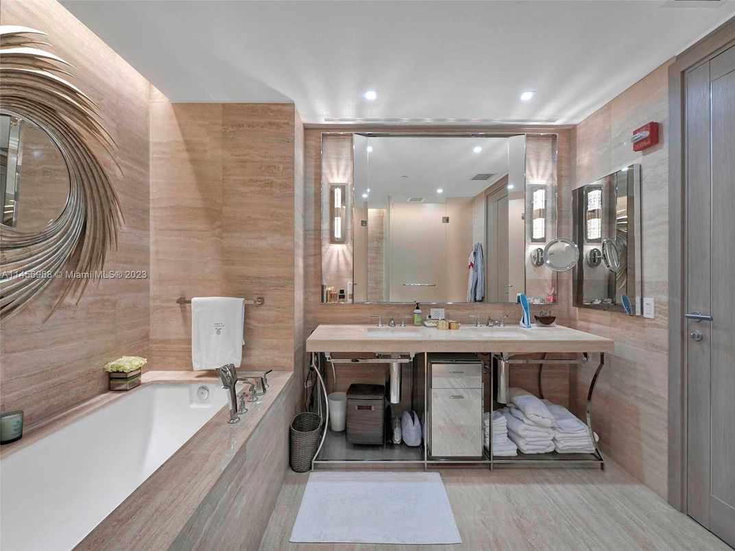 Bathroom, Dual Sink Vanities, Interior, Recessed Lighting, Wood Texture Flooring