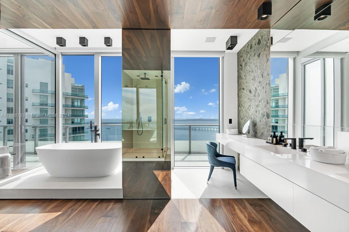 Bathroom, Free Standing Baths, Interior, Water, Wooden Ceilings, Wood Texture Flooring