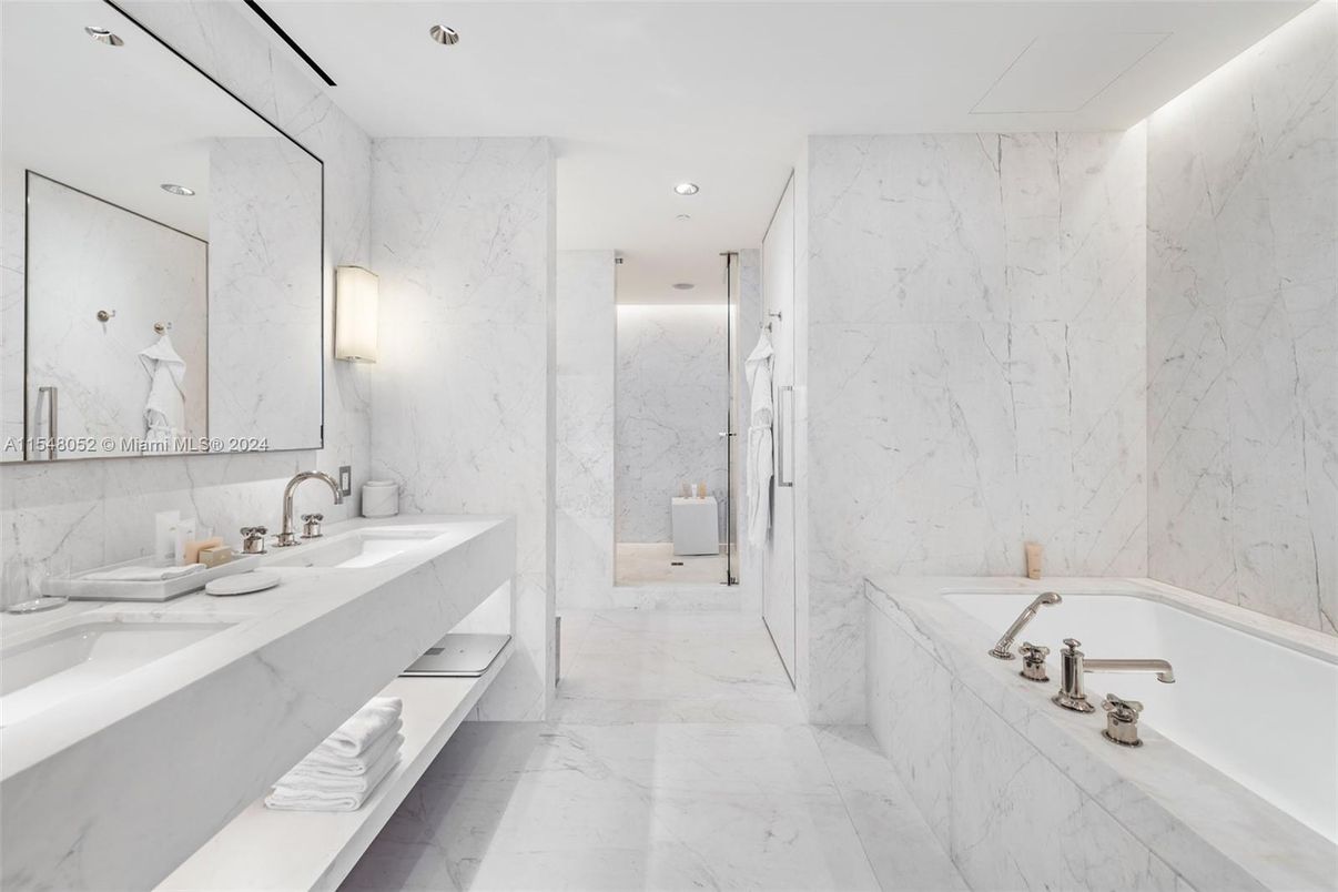 Bathroom, Dual Sink Vanities, Interior, Marble, Marble Walls, Recessed Lighting