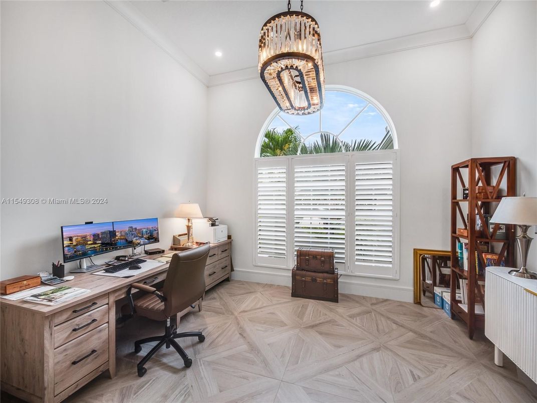Chandelier, Home Office, Interior, Recessed Lighting, Wood Texture Flooring