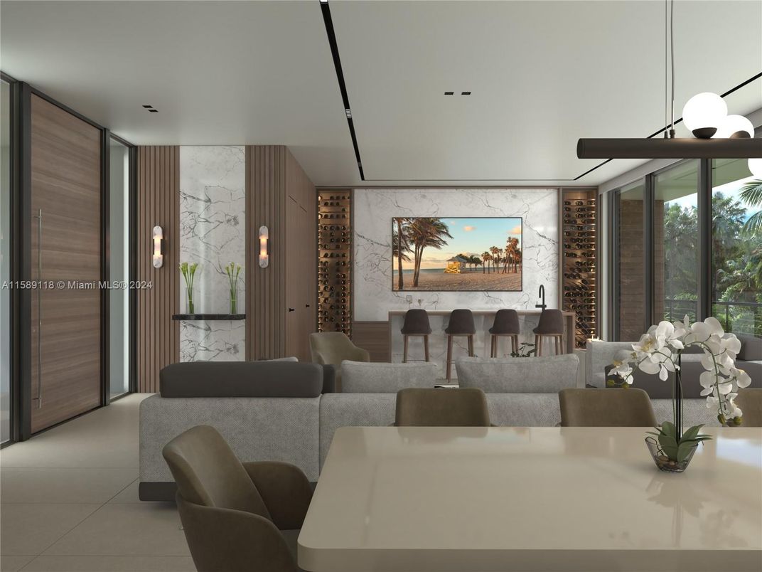 Dining room, Interior, Living room, Marble Walls, Recessed Lighting