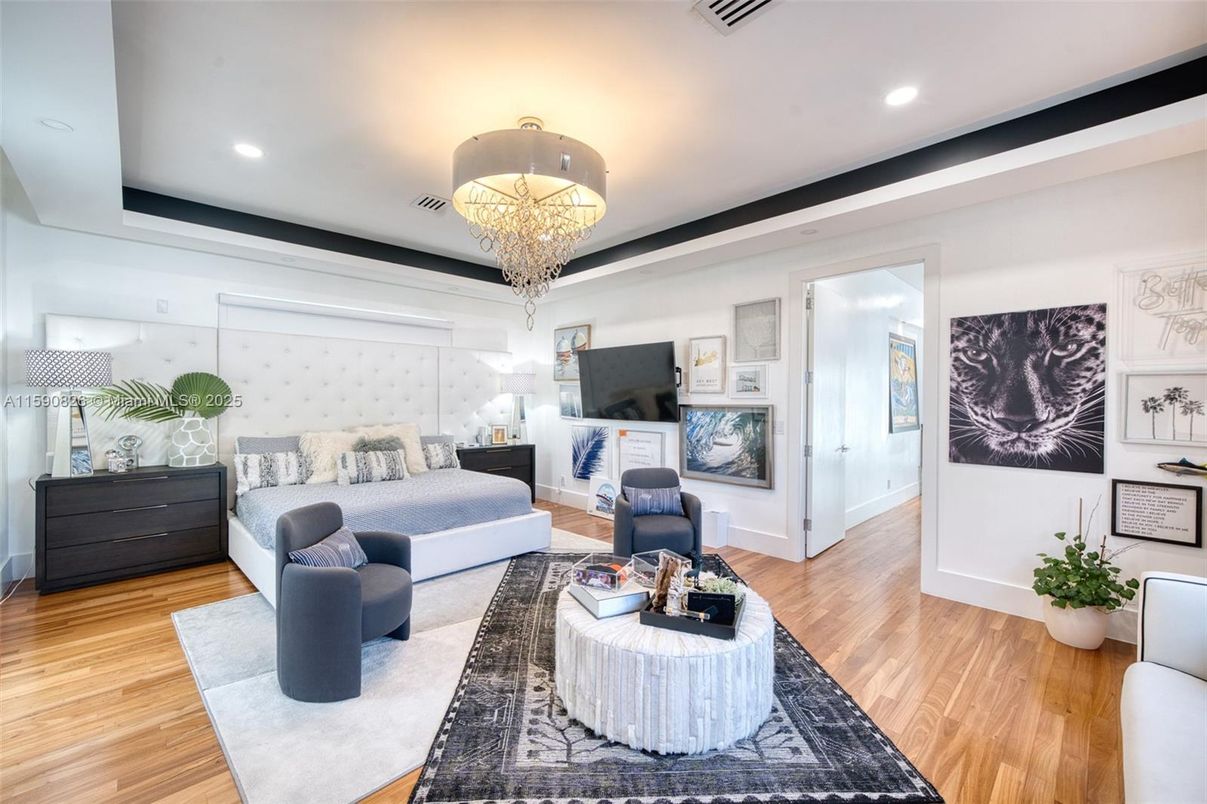 Bedroom, Chandelier, Interior, Living room, Recessed Lighting, Wood Texture Flooring