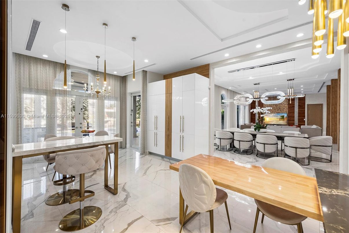 Dining room, Interior, Marble, Pendant Lights, Recessed Lighting, Stone Walls