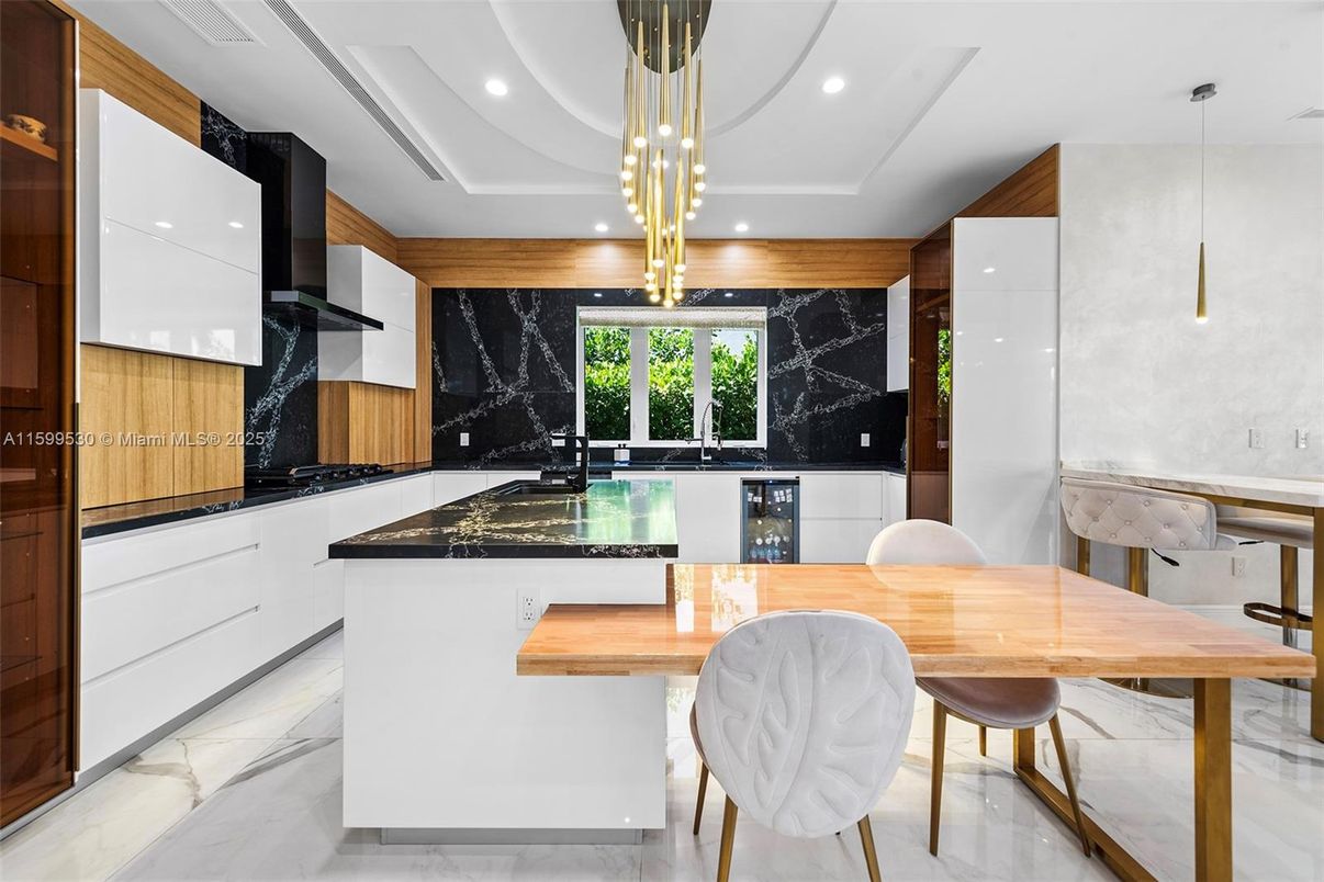 Interior, Kitchen, Marble, Marble Walls, Pendant Lights, Recessed Lighting