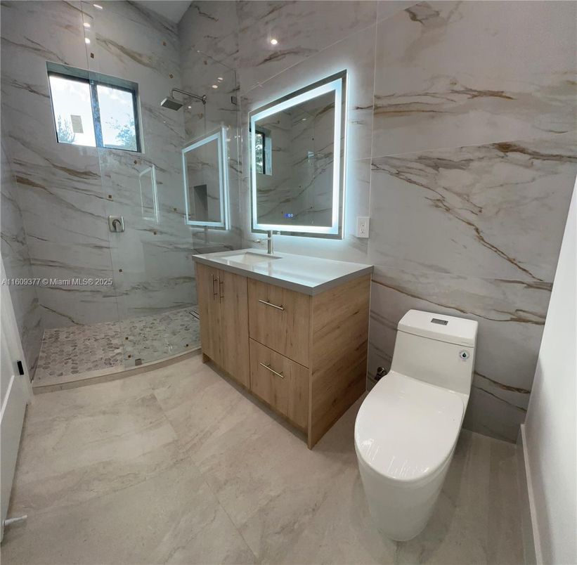 Bathroom, Glass Shower, Interior, Marble Walls, Recessed Lighting