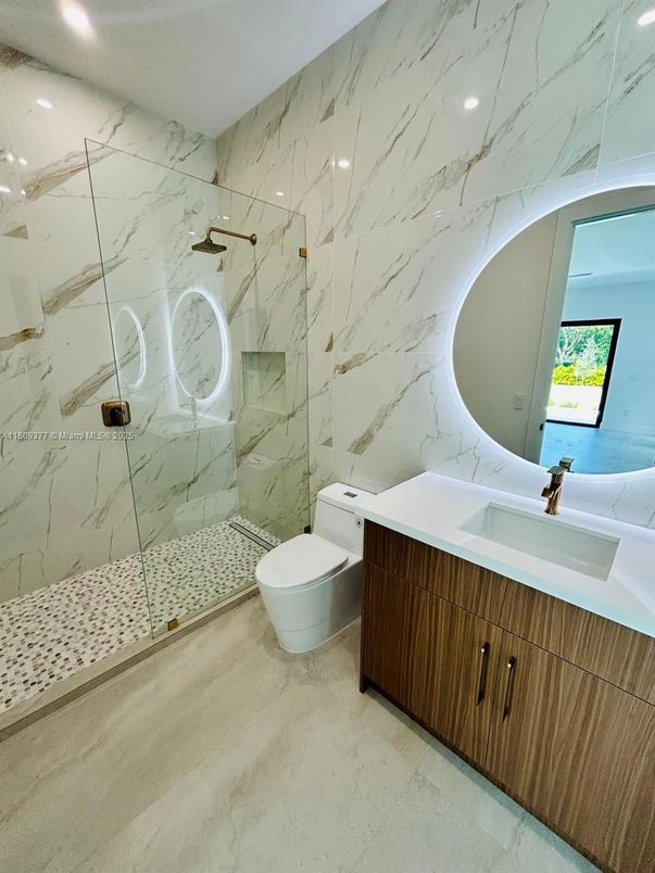 Bathroom, Glass Shower, Interior, Marble Walls, Recessed Lighting