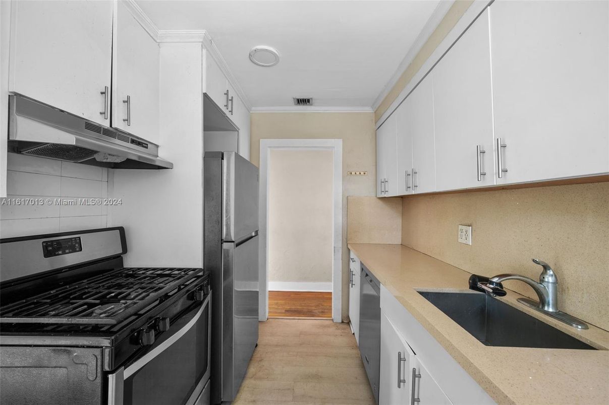 Interior, Kitchen, Recessed Lighting, Stainless Steel Appliances, Wood Texture Flooring