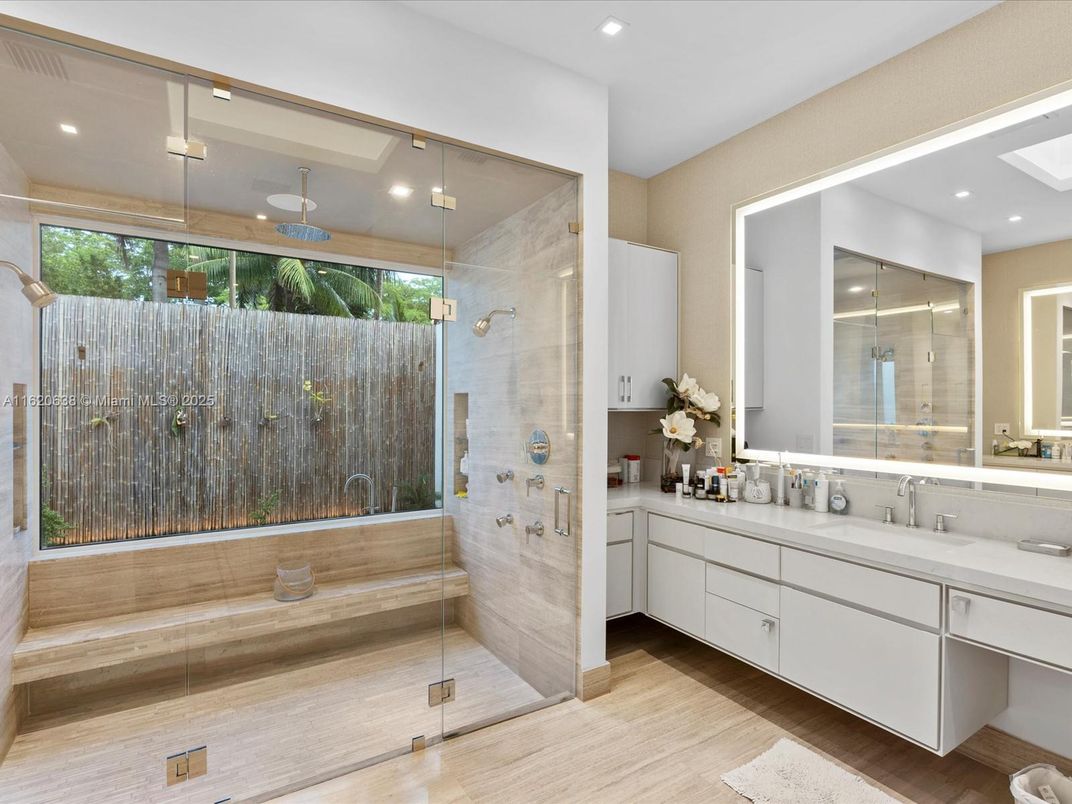 Bathroom, Dual Sink Vanities, Glass Shower, Interior, Recessed Lighting, Wood Texture Flooring
