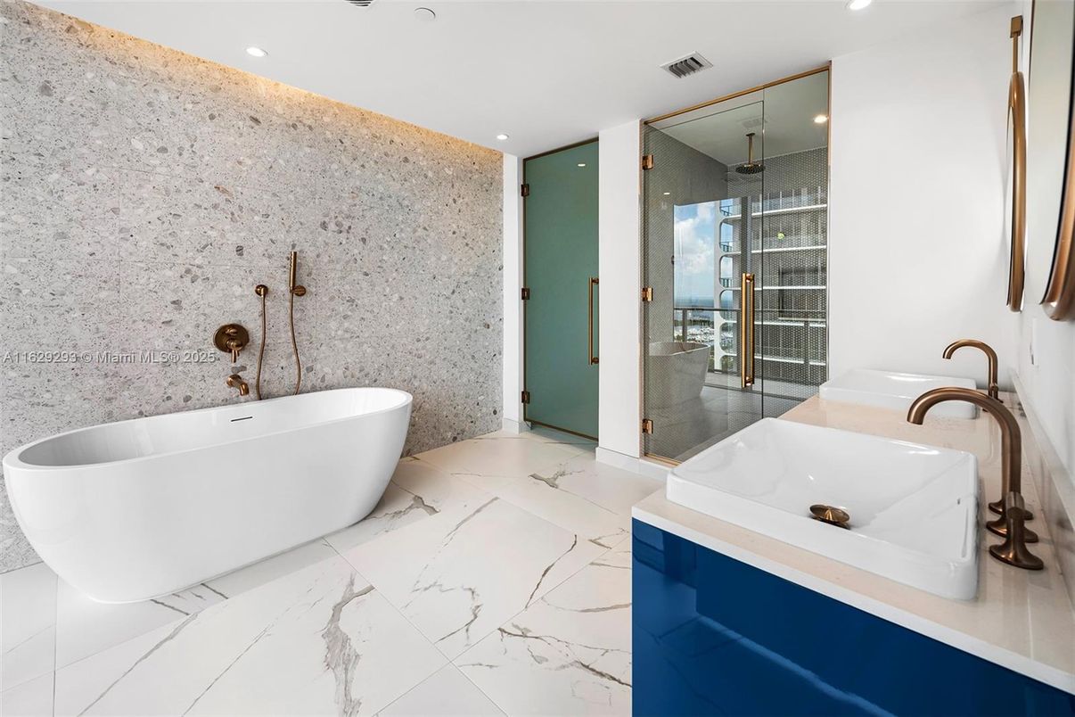 Bathroom, Free Standing Baths, Glass Shower, Interior, Marble, Recessed Lighting