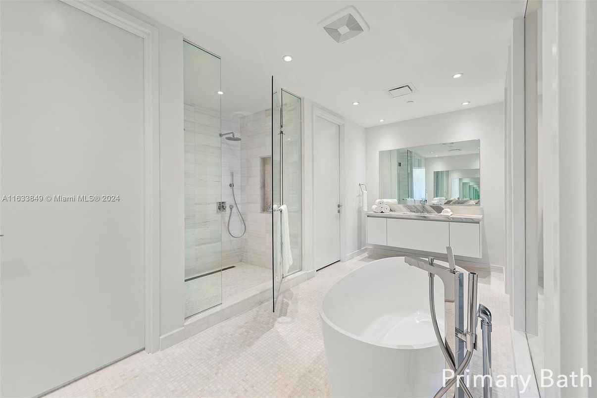 Bathroom, Free Standing Baths, Glass Shower, Interior, Recessed Lighting