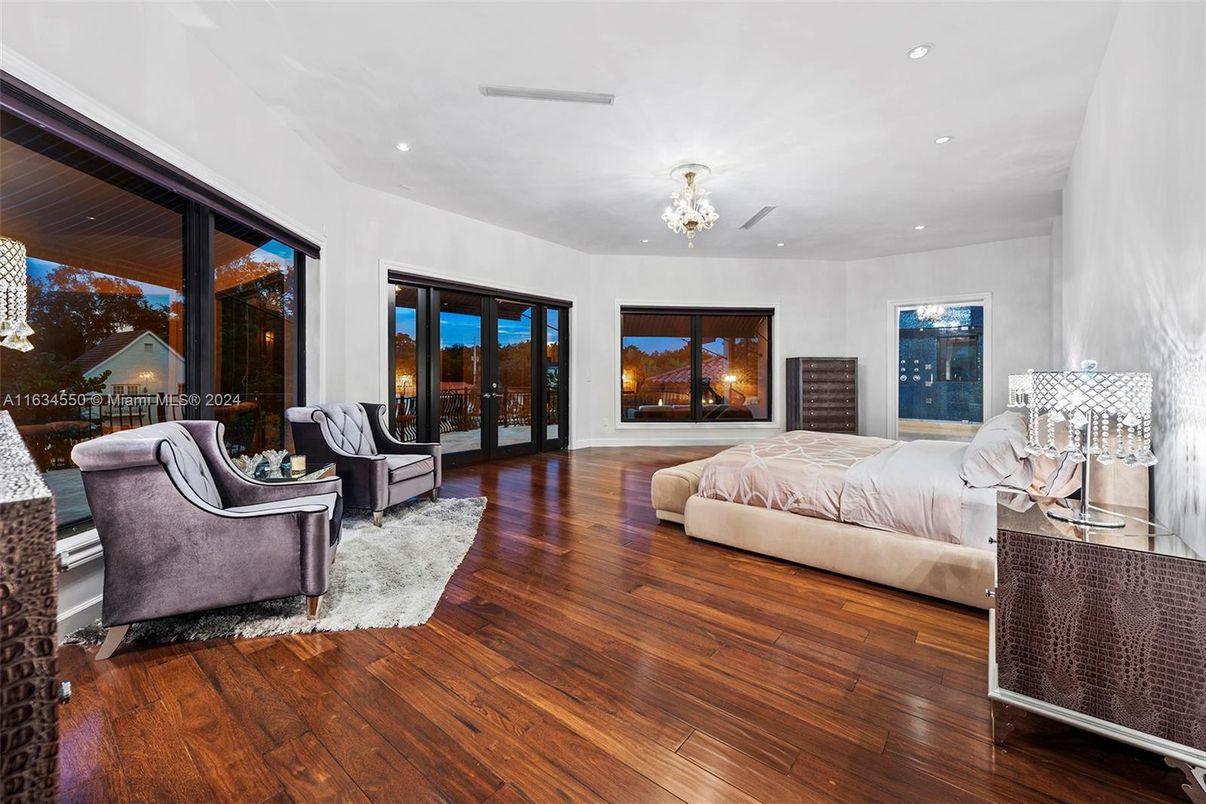 Bedroom, Chandelier, Interior, Recessed Lighting, Wood Texture Flooring