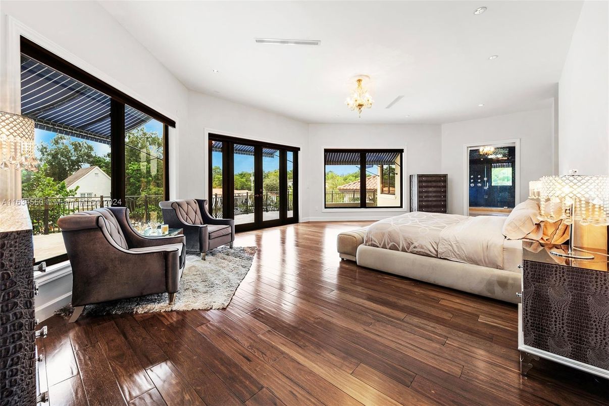 Bedroom, Chandelier, Interior, Recessed Lighting, Wood Texture Flooring
