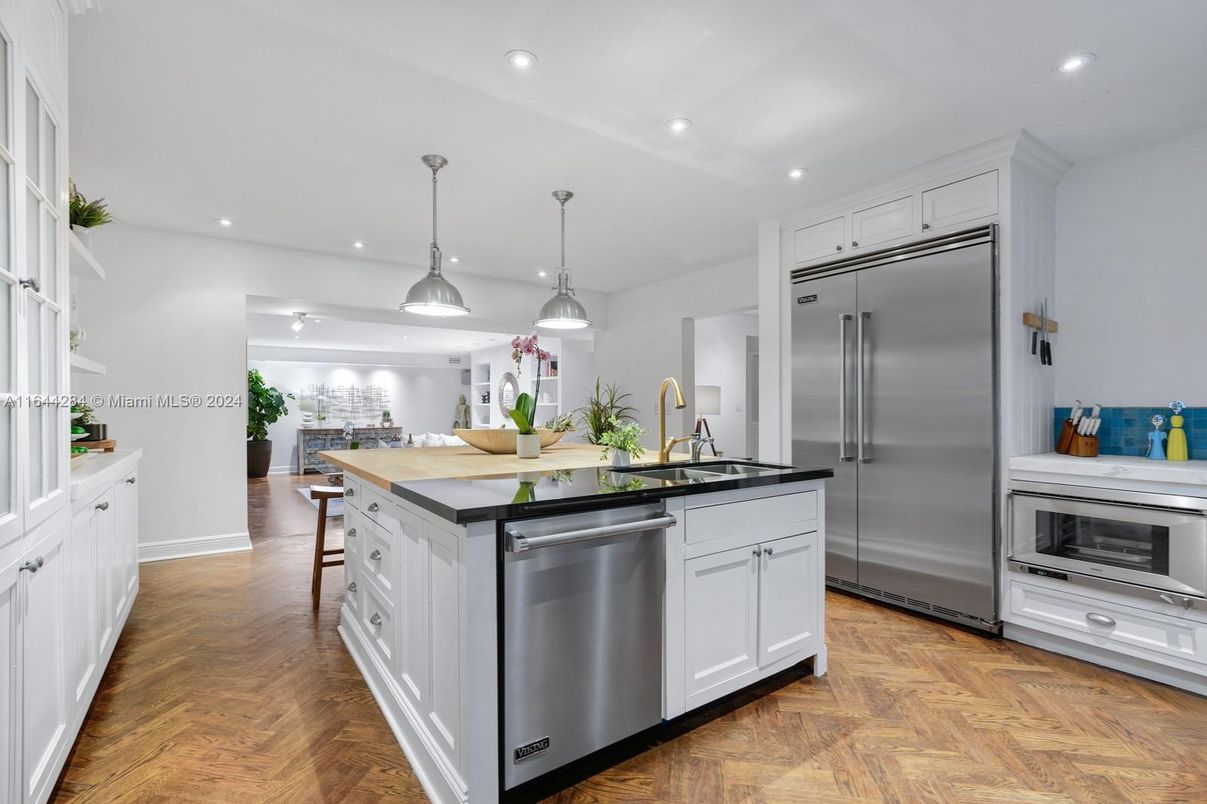 Interior, Kitchen, Pendant Lights, Recessed Lighting, Stainless Steel Appliances, Wood Texture Flooring
