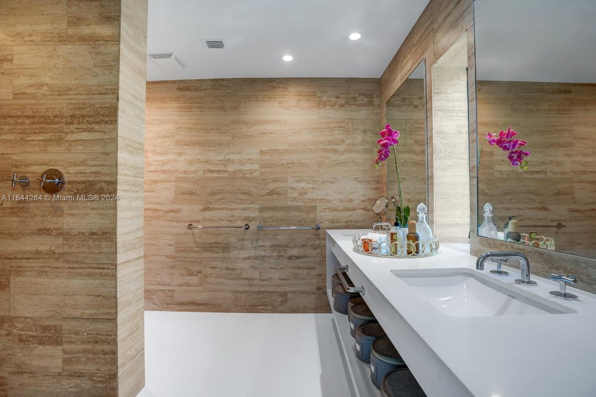Bathroom, Dual Sink Vanities, Interior, Recessed Lighting, Wooden Walls