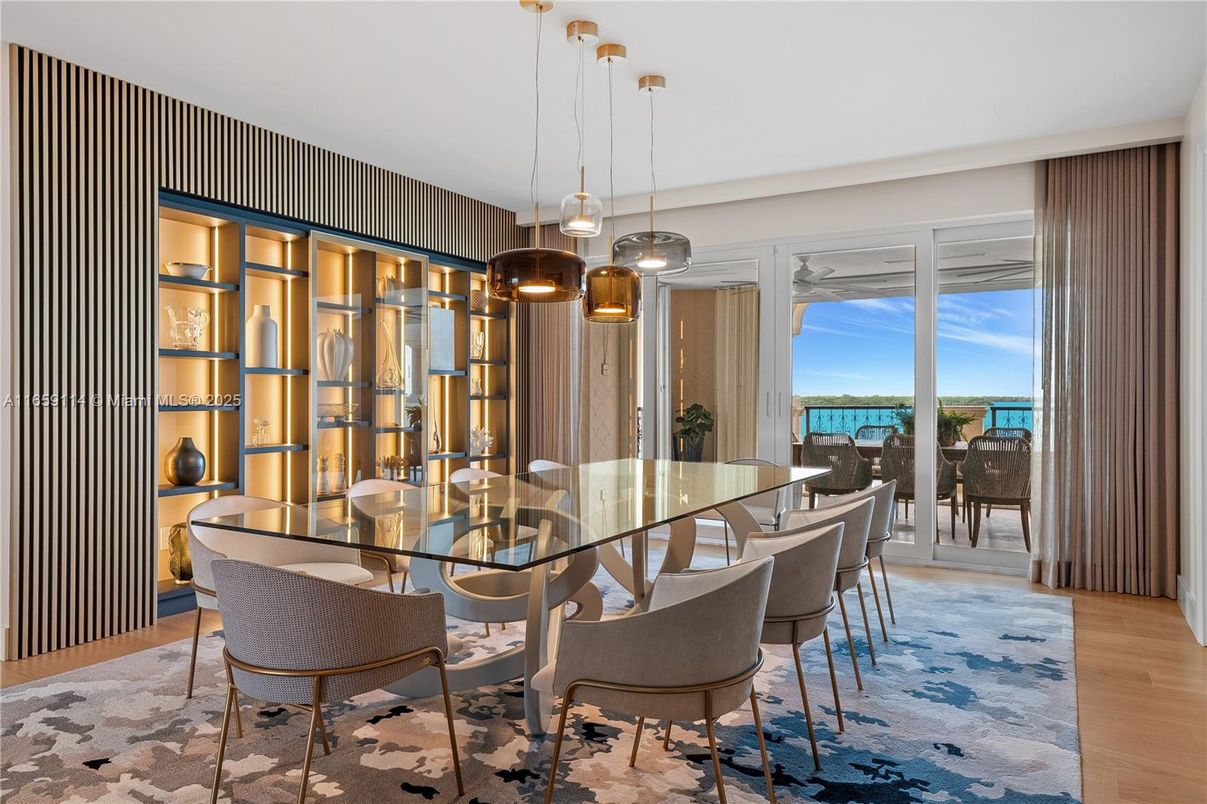 Dining room, Interior, Pendant Lights, Water, Wood Texture Flooring