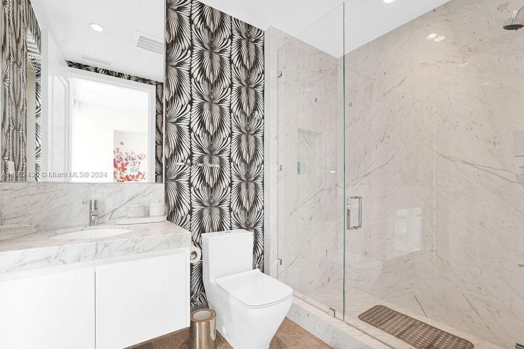 Bathroom, Glass Shower, Interior, Marble Walls, Recessed Lighting