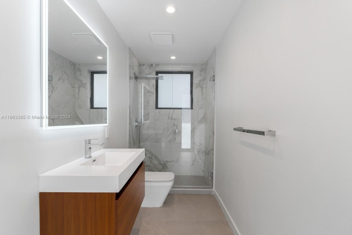 Bathroom, Glass Shower, Interior, Marble Walls, Recessed Lighting
