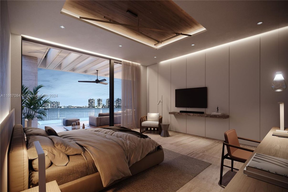 Bedroom, Interior, Recessed Lighting, Water, Wooden Ceilings, Wood Texture Flooring