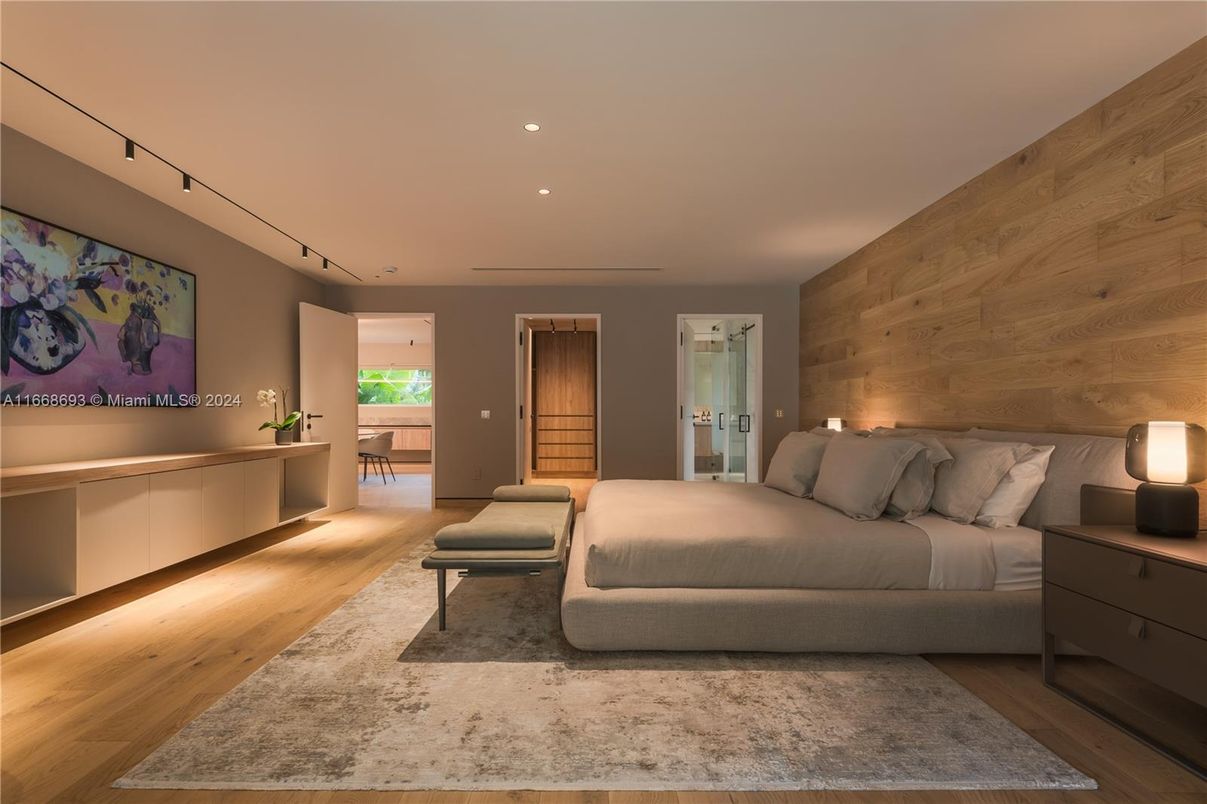 Bedroom, Interior, Recessed Lighting, Wood Texture Flooring, Wooden Walls