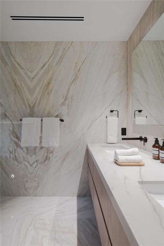 Bathroom, Dual Sink Vanities, Interior, Marble, Marble Walls