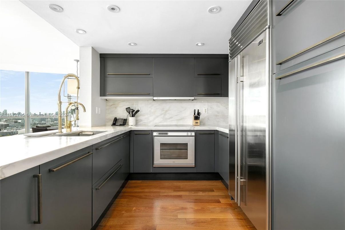 Interior, Kitchen, Recessed Lighting, Stainless Steel Appliances, Wood Texture Flooring