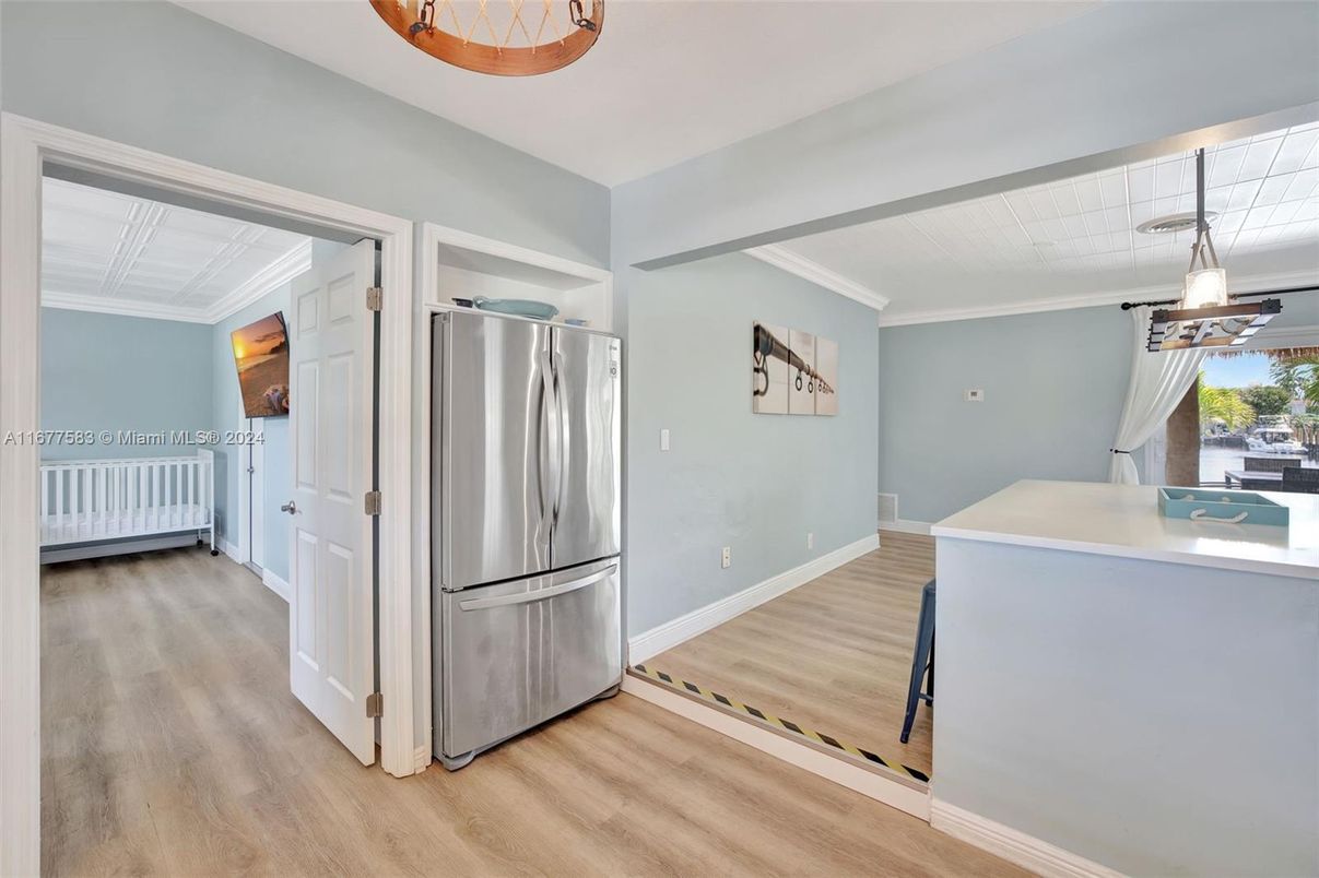 Interior, Kitchen, Pendant Lights, Stainless Steel Appliances, Wood Texture Flooring
