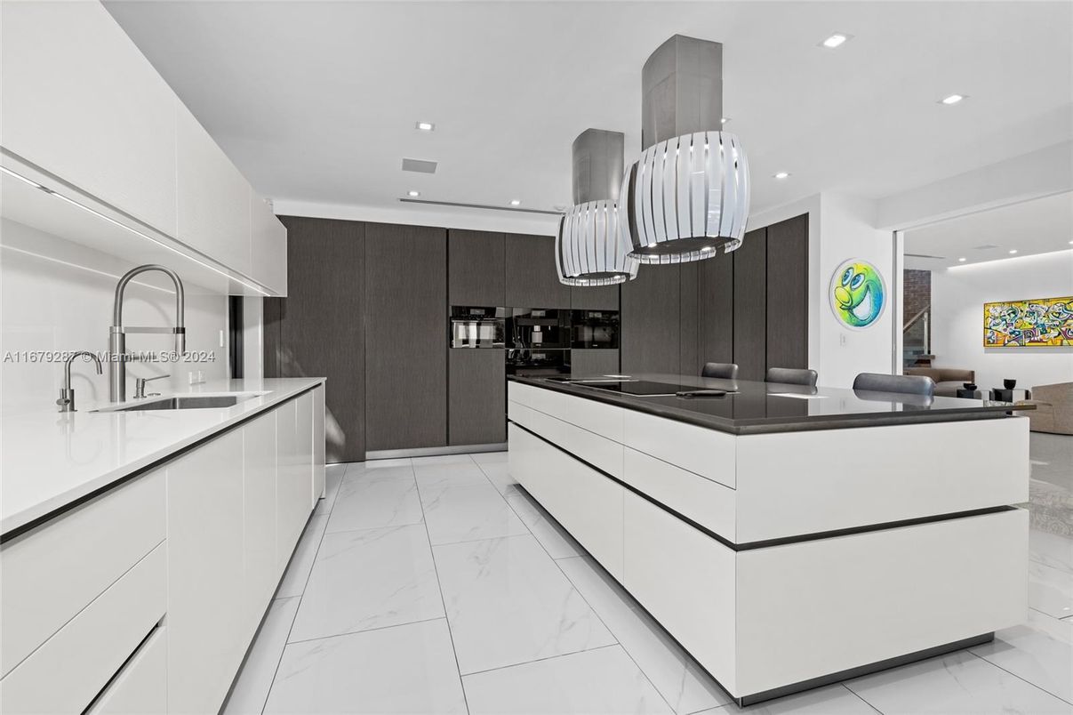 Interior, Kitchen, Marble, Pendant Lights, Recessed Lighting, Stainless Steel Appliances