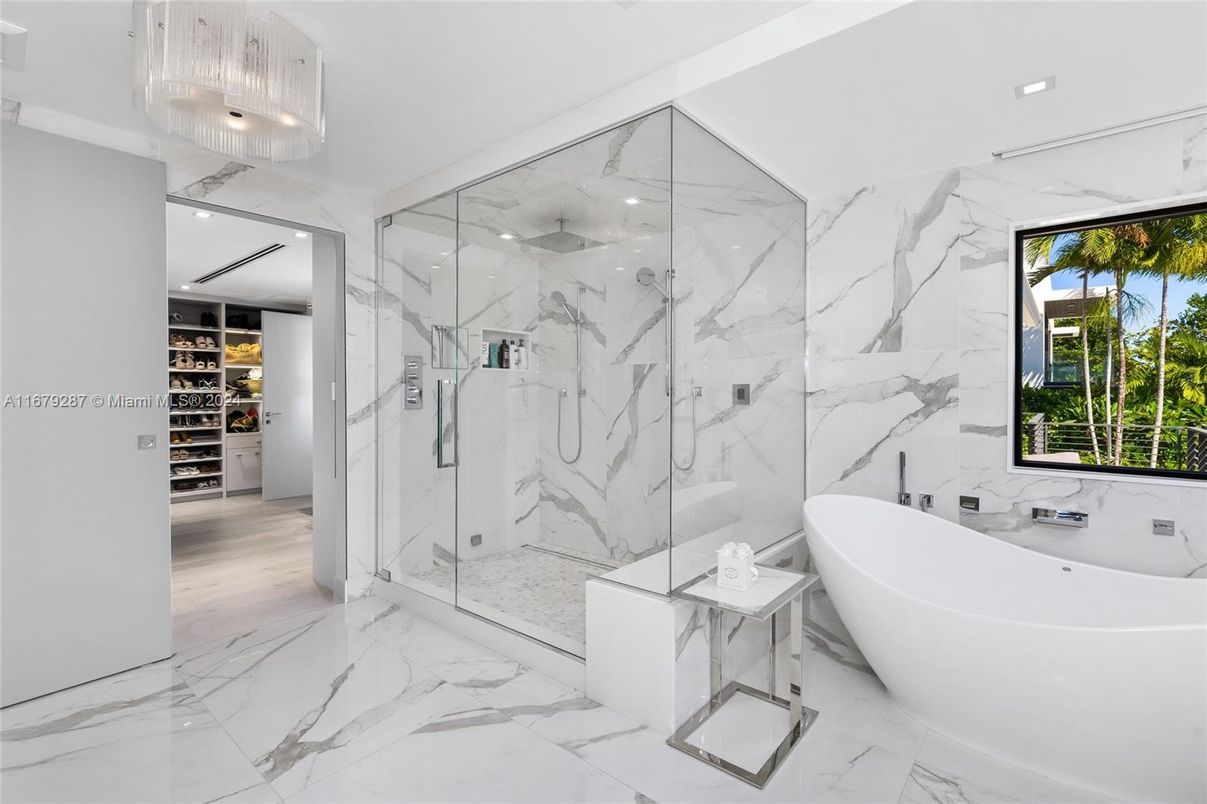 Bathroom, Free Standing Baths, Glass Shower, Interior, Marble, Marble Walls, Recessed Lighting