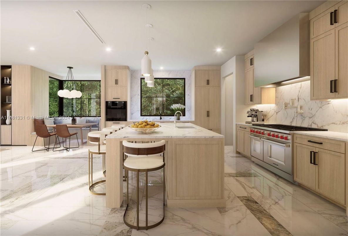 Dining room, Interior, Kitchen, Marble, Marble Walls, Pendant Lights, Recessed Lighting, Stainless Steel Appliances