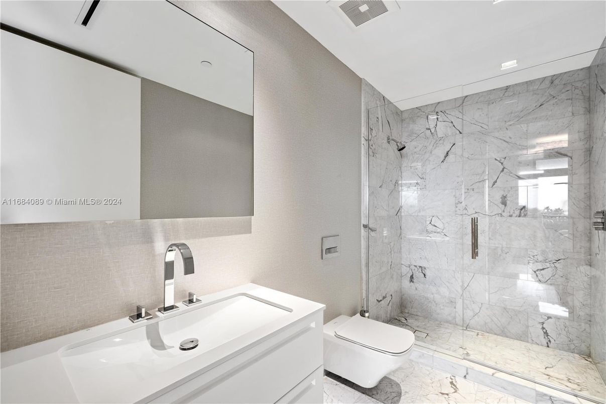 Bathroom, Glass Shower, Interior, Marble, Marble Walls, Recessed Lighting