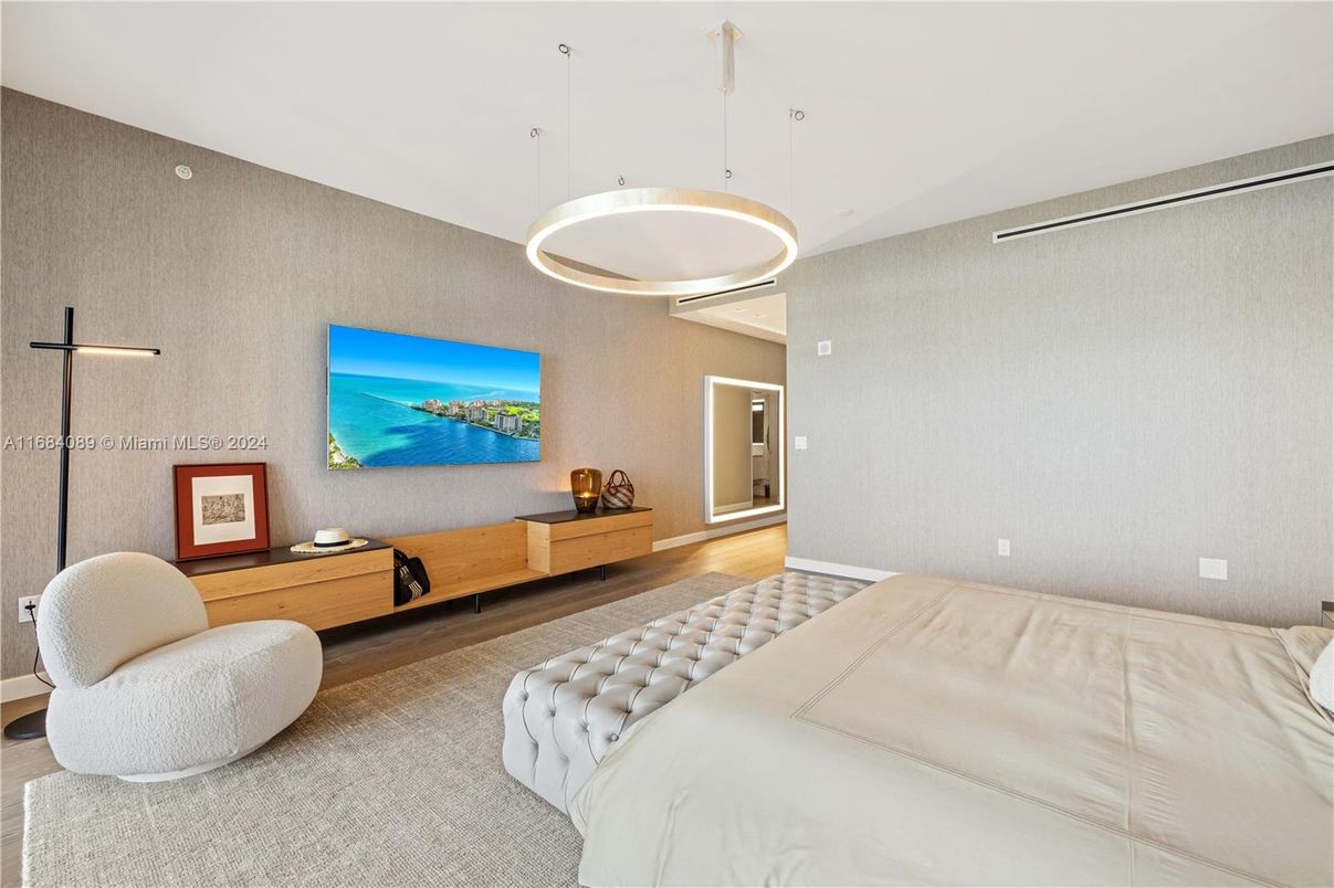 Bedroom, Interior, Pendant Lights, Wood Texture Flooring