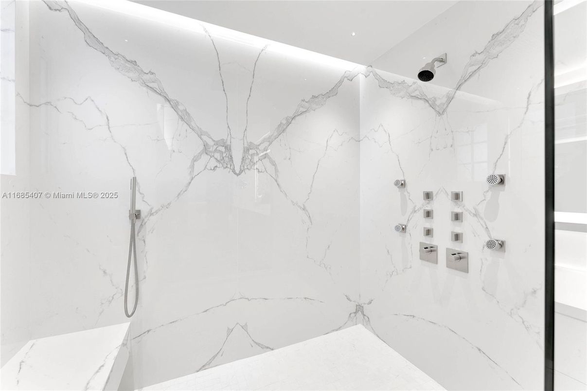 Bathroom, Glass Shower, Interior, Marble Walls, Recessed Lighting