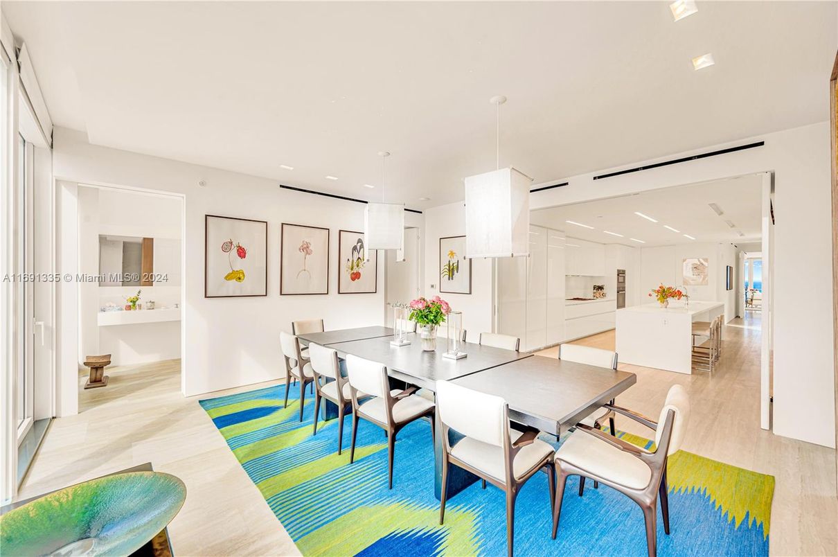 Dining room, Interior, Kitchen, Pendant Lights, Recessed Lighting, Wood Texture Flooring