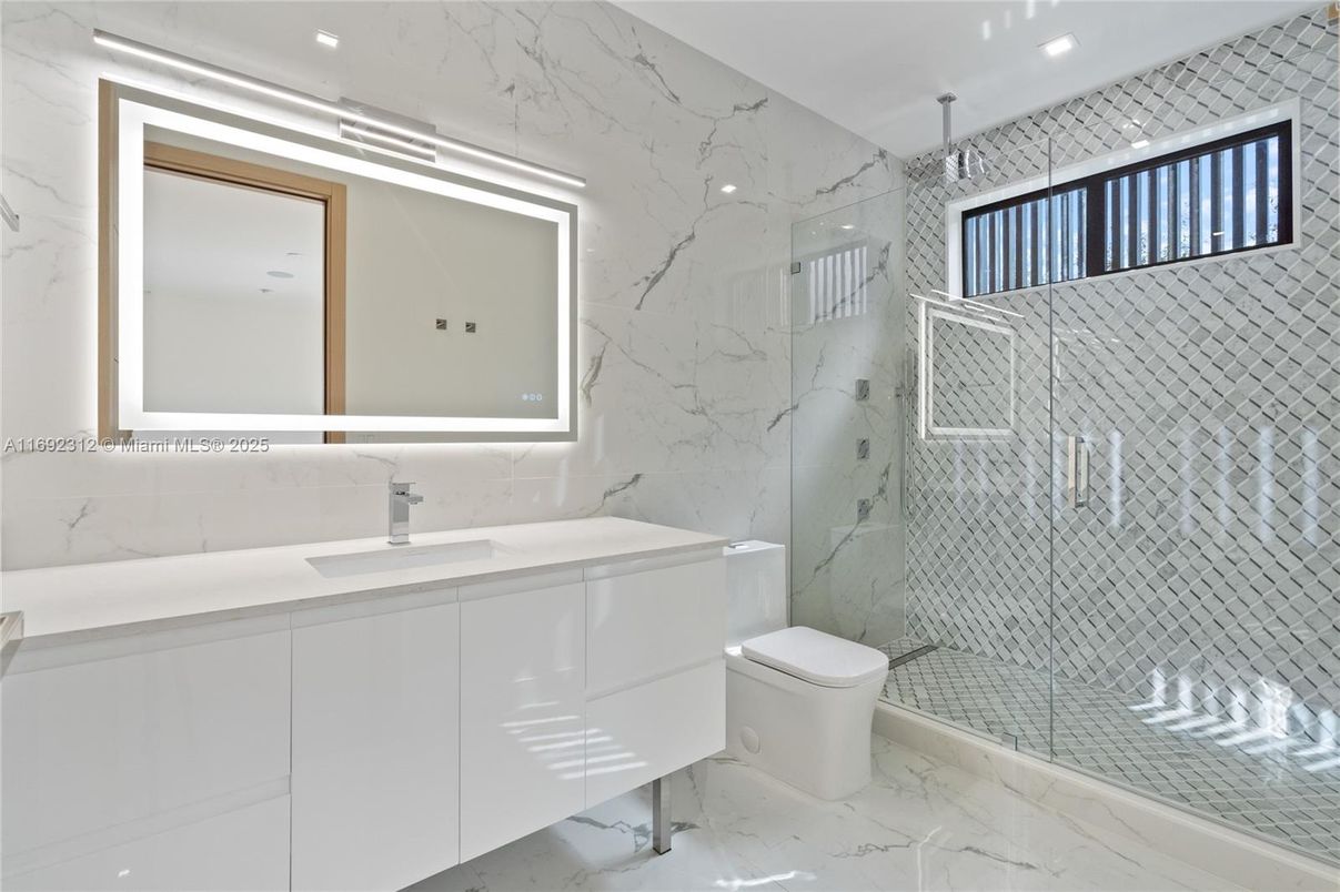 Bathroom, Glass Shower, Interior, Marble, Marble Walls, Recessed Lighting