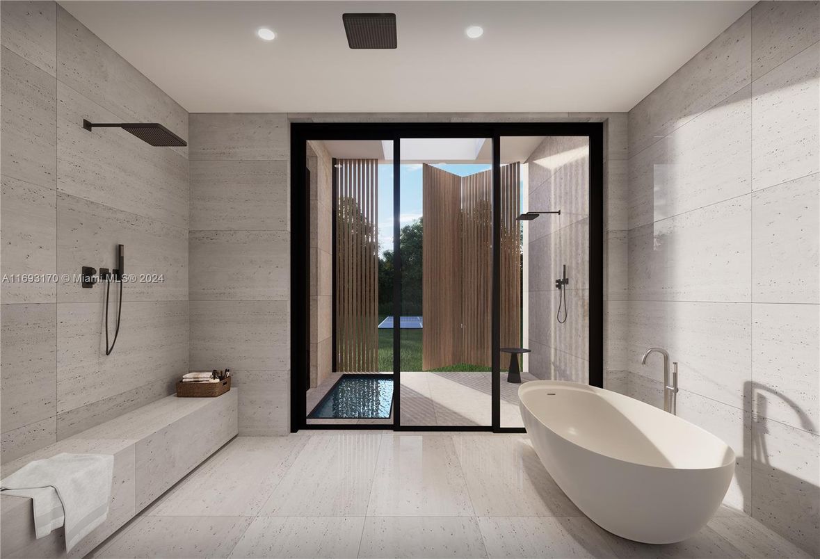 Bathroom, Free Standing Baths, Glass Shower, Interior, Recessed Lighting