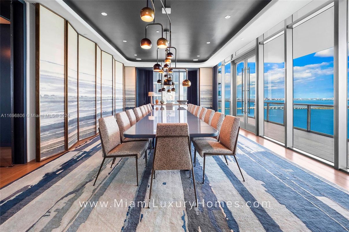 Dining room, Interior, Pendant Lights, Recessed Lighting, Water, Wood Texture Flooring