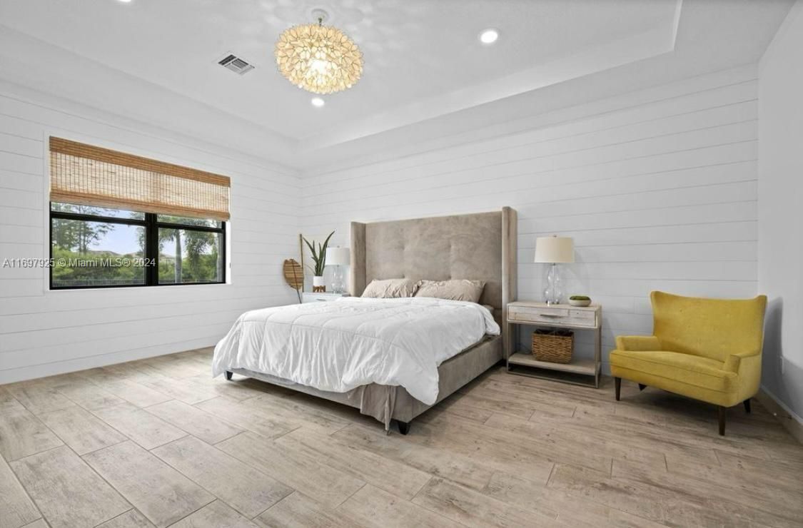 Bedroom, Chandelier, Interior, Recessed Lighting, Wood Texture Flooring