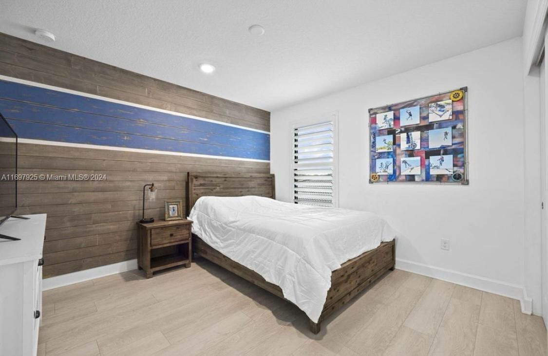 Bedroom, Interior, Recessed Lighting, Wood Texture Flooring, Wooden Walls