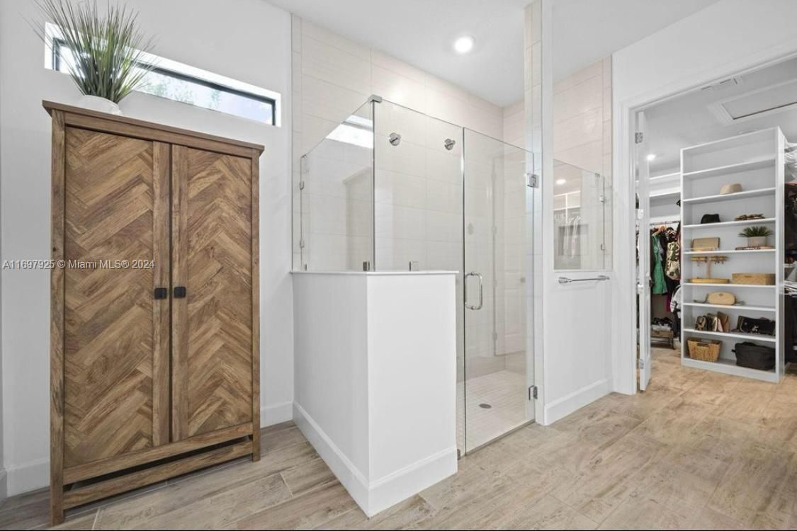 Bathroom, Glass Shower, Interior, Recessed Lighting, Wood Texture Flooring