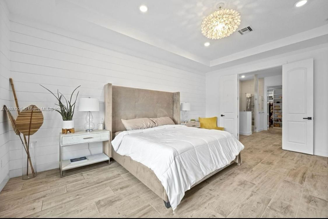 Bedroom, Chandelier, Interior, Pendant Lights, Recessed Lighting, Wood Texture Flooring
